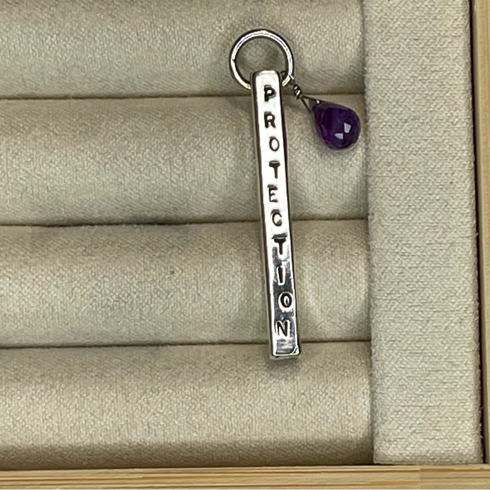 Lia Sophia Silver Tone "Love Courage Protection Clarity" Bar Amethyst Briolette